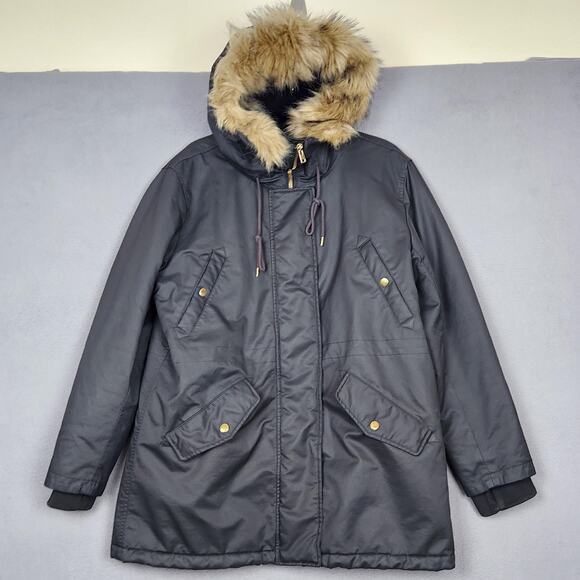 J Crew Jacket Womens XL Black Faux Fur Hood Quilted Lined Perfect Parka H2222 - Picture 1 of 16